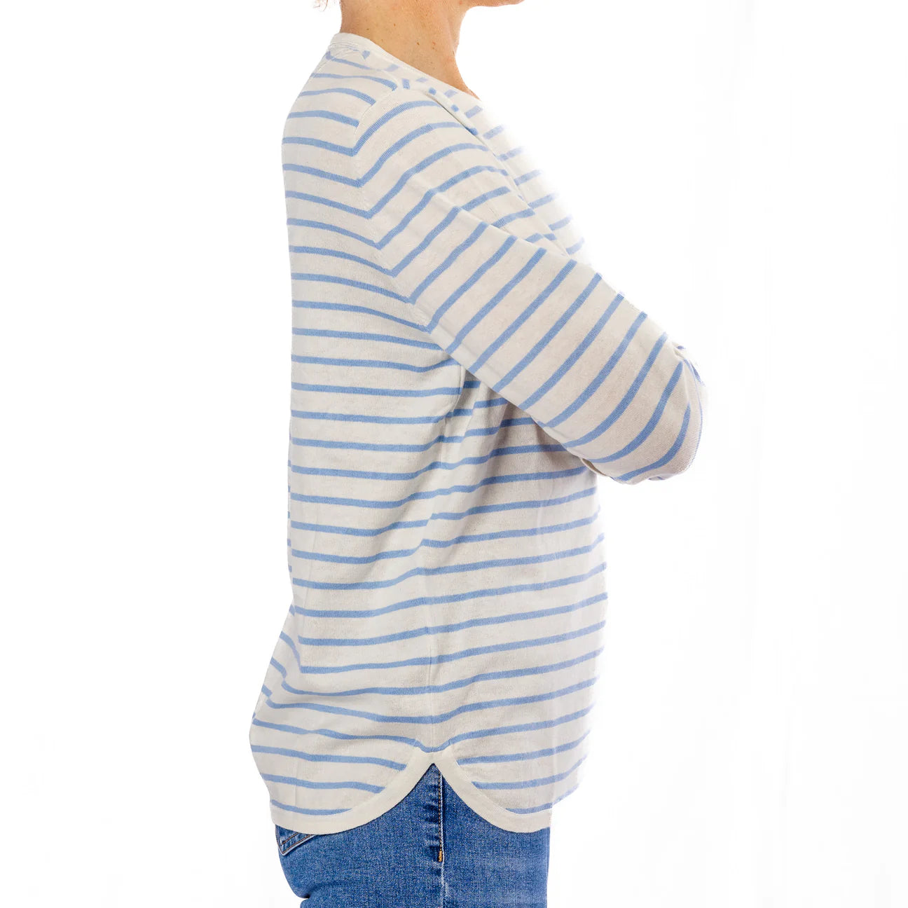 Cotton Cashmere Swing Crew Knit - White & Blue