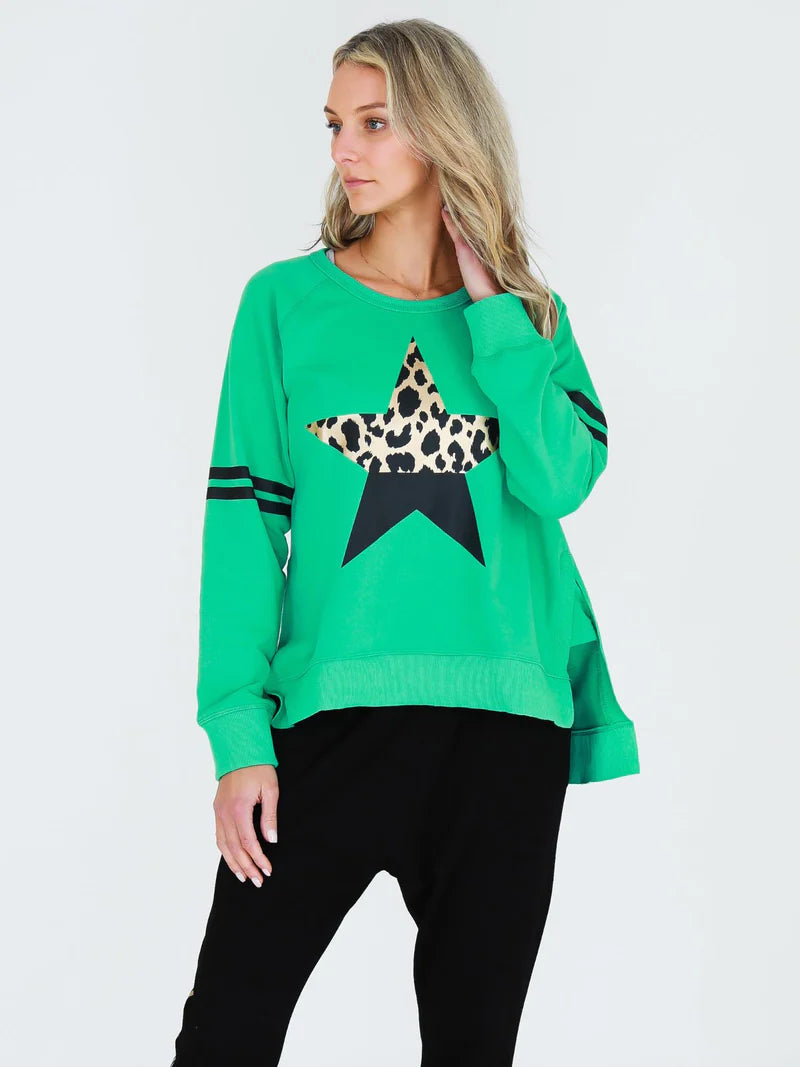 Ginger Leopard Splice Star Sweatshirt - Spring Green