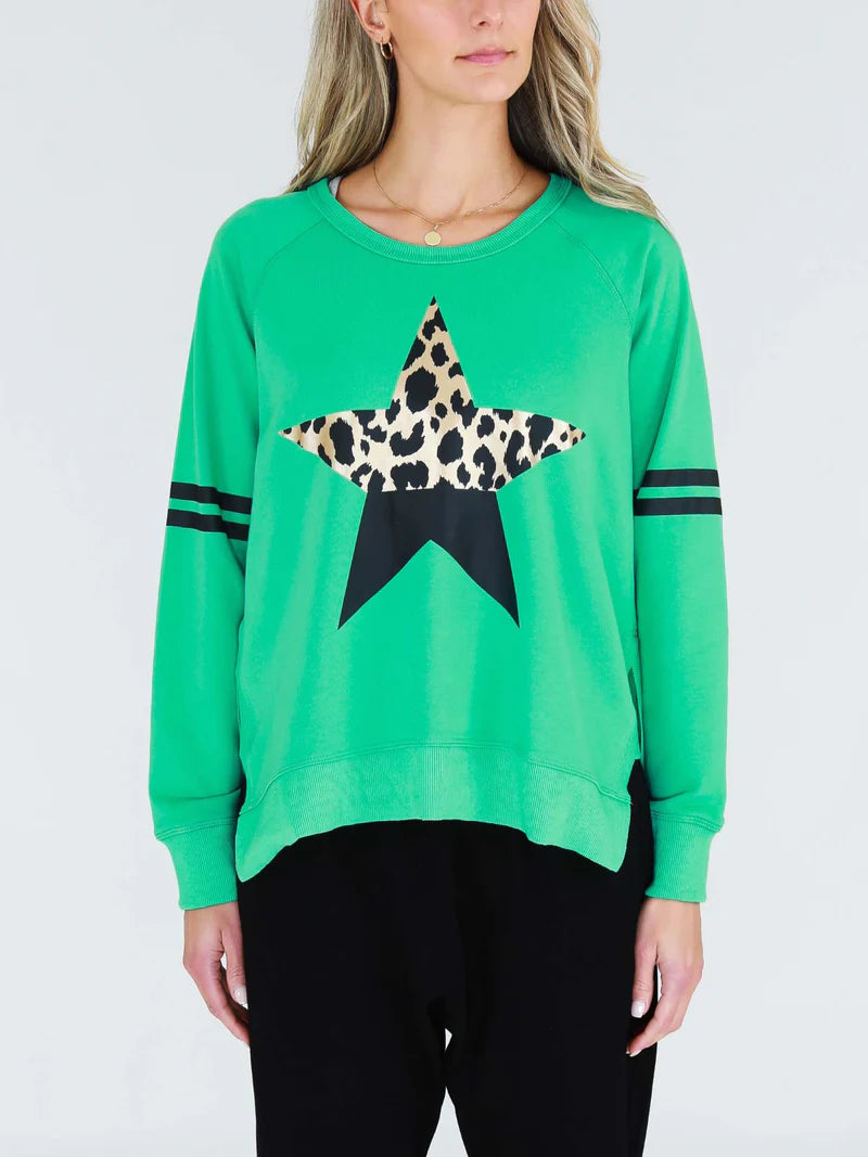 Ginger Leopard Splice Star Sweatshirt - Spring Green