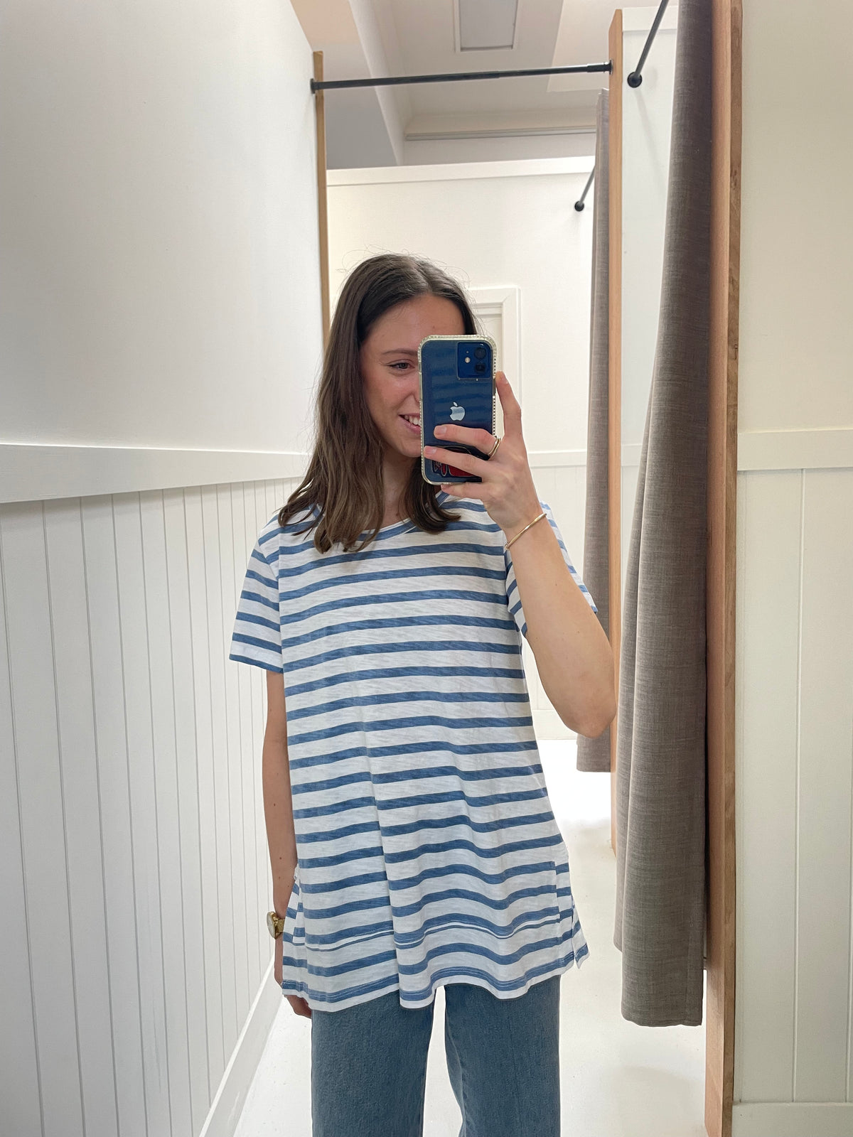 Stripe Crew Neck Tee - White/Deep Blue