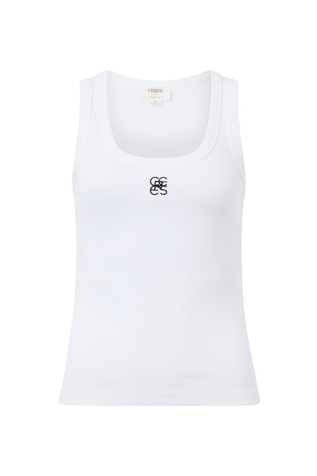 Zoe Contour Rib Scoop Tank - White