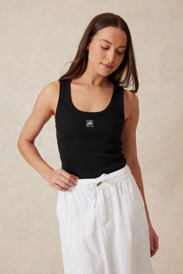 Zoe Contour Rib Scoop Tank - Black