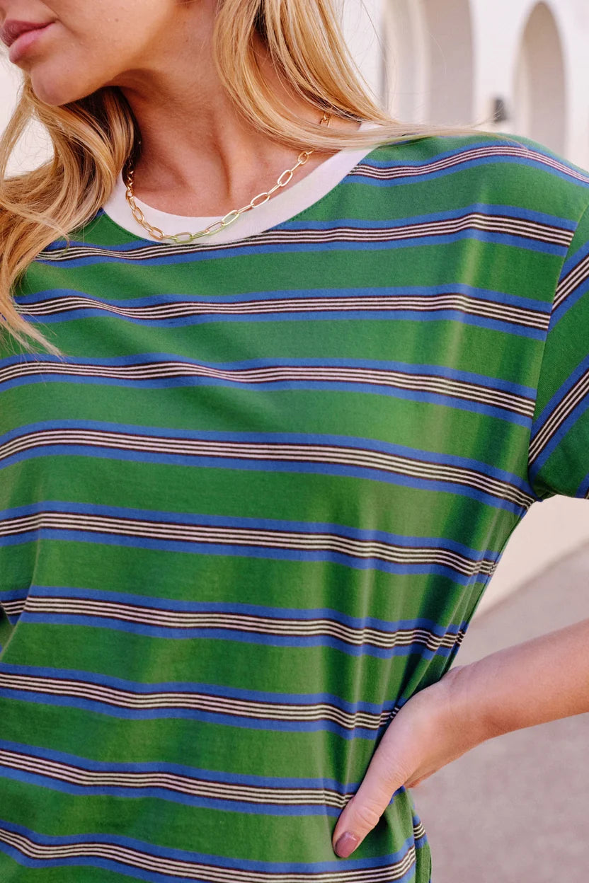 Stevie Slouchy Tee - Basil/Blue Stripe