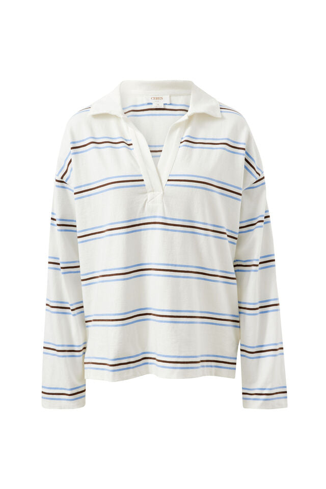 Shelby Slouchy Rugby Top - Vanilla/Brunette brown stripe