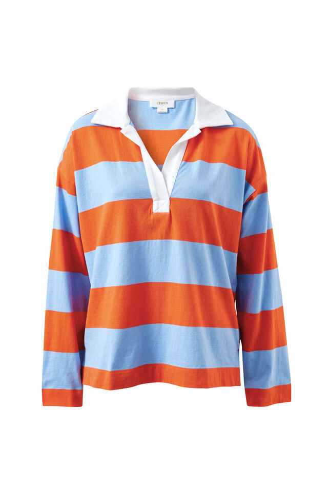 Shelby Slouchy Rugby Top - Sky Blue/Flame Stripe