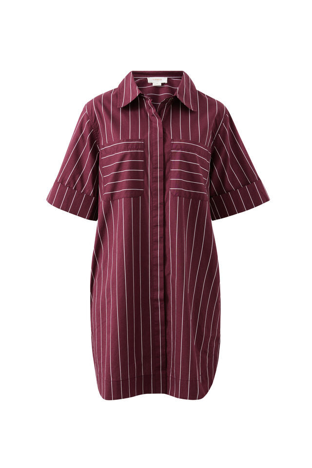 Sara Mini Shirt Dress - Wine Pinstripe