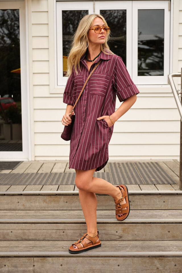 Sara Mini Shirt Dress - Wine Pinstripe