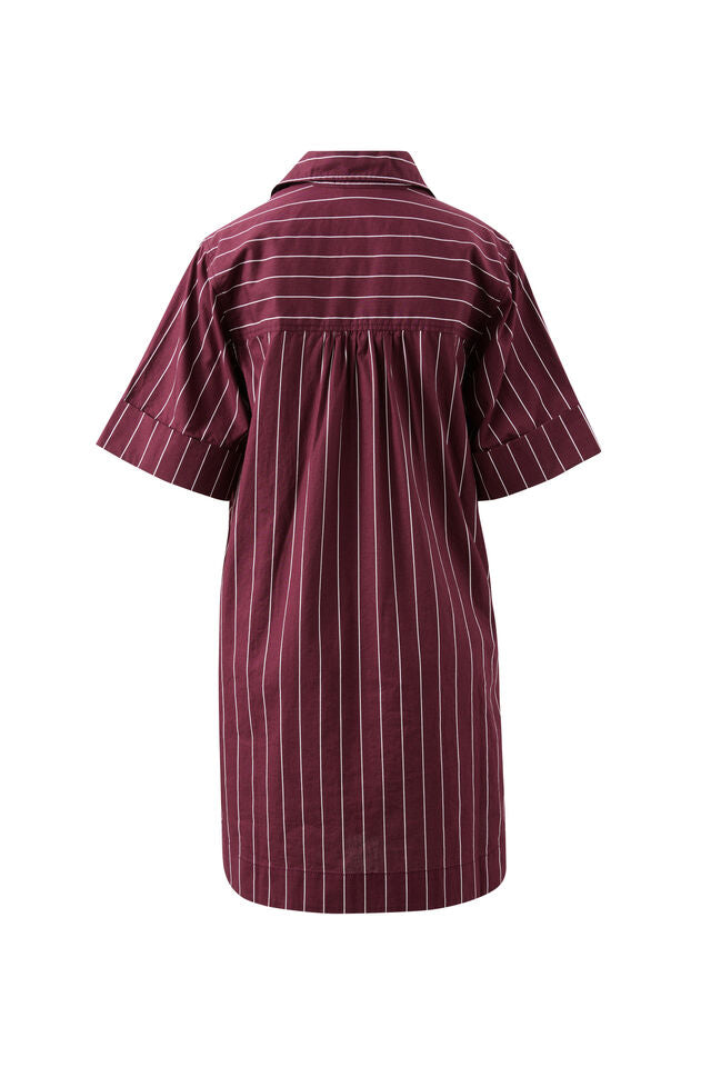 Sara Mini Shirt Dress - Wine Pinstripe