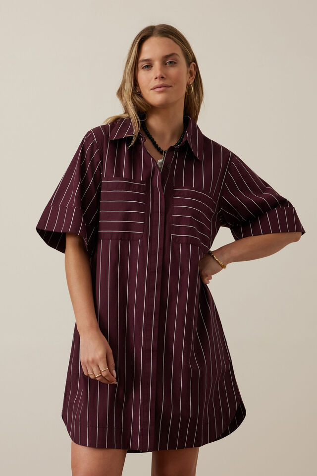 Sara Mini Shirt Dress - Wine Pinstripe