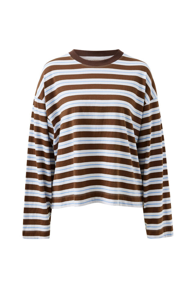 Beau Long Sleeve Slouchy Tee - Cocoa/Sky Blue