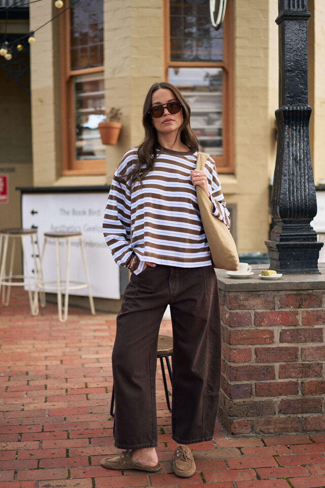 Beau Long Sleeve Slouchy Tee - Cocoa/Sky Blue