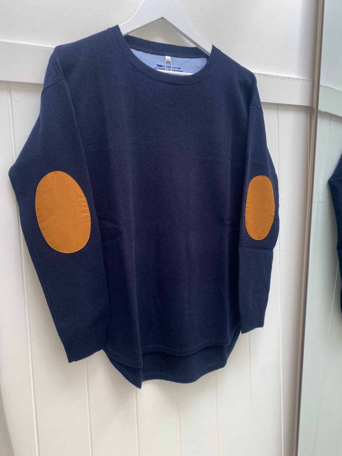 Swing Crew Knit w Tan patches - Navy