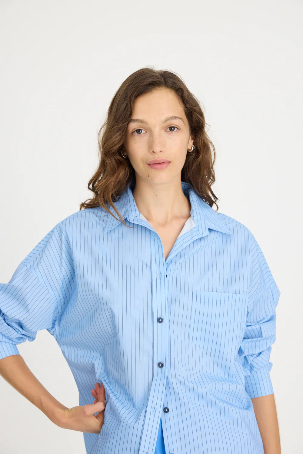 Chiara Long Sleeve Shirt Pinstripe - Powder Blue/Navy