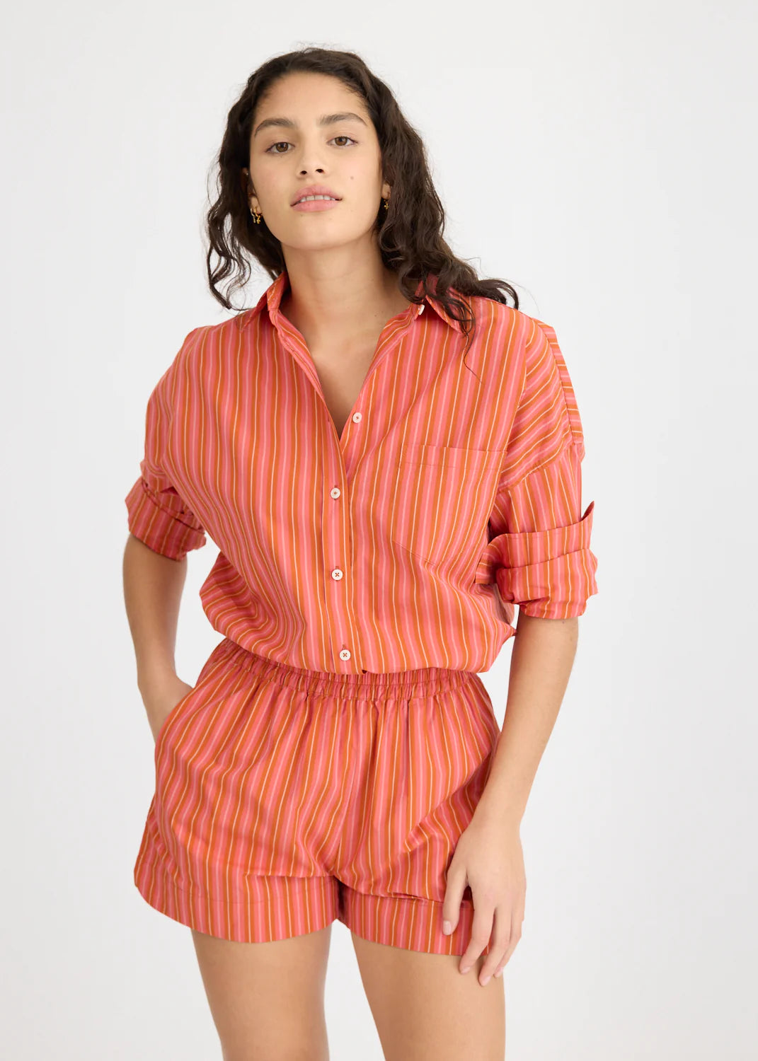 Chiara Long Sleeve Shirt - Pink/Burnt Orange Multi Stripe