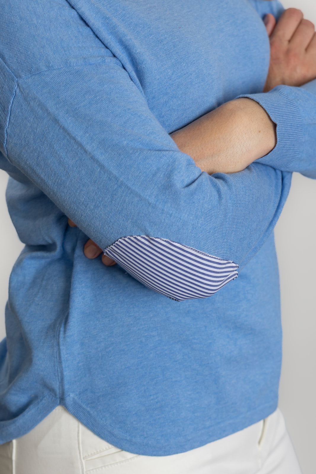 blue elbow patch knit jumper