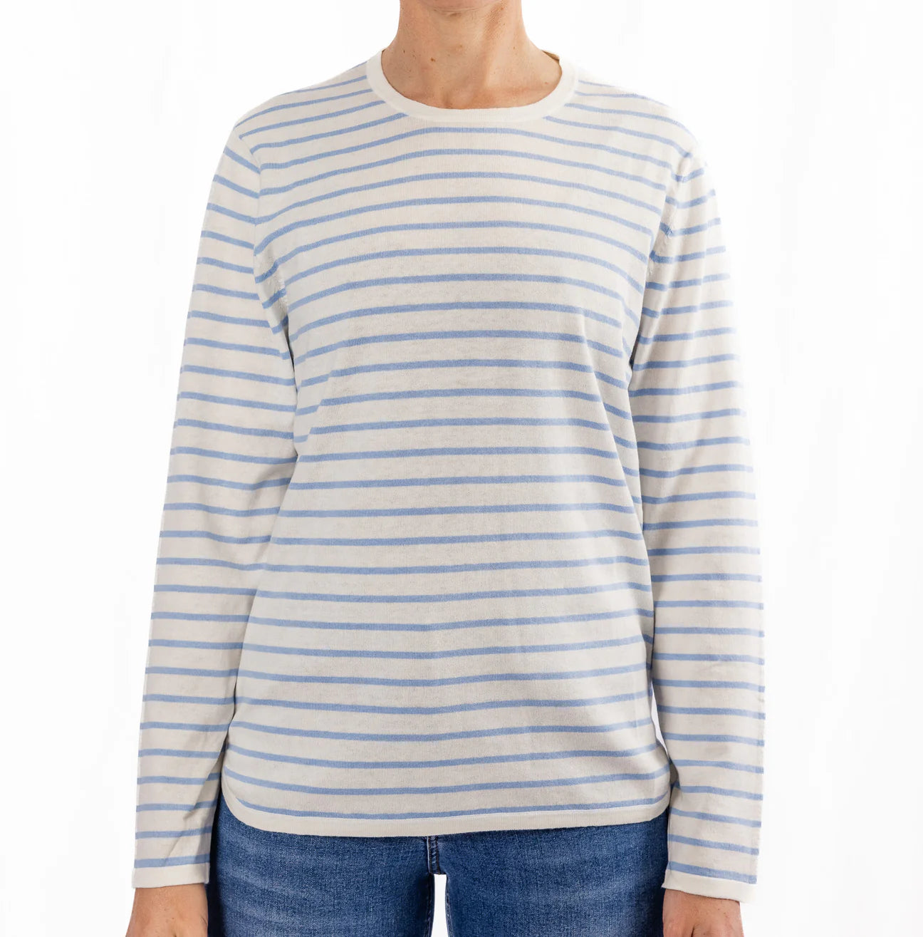 Cotton Cashmere Swing Crew Knit - White & Blue