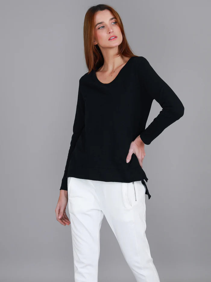 long sleeve black tee with hi low hem