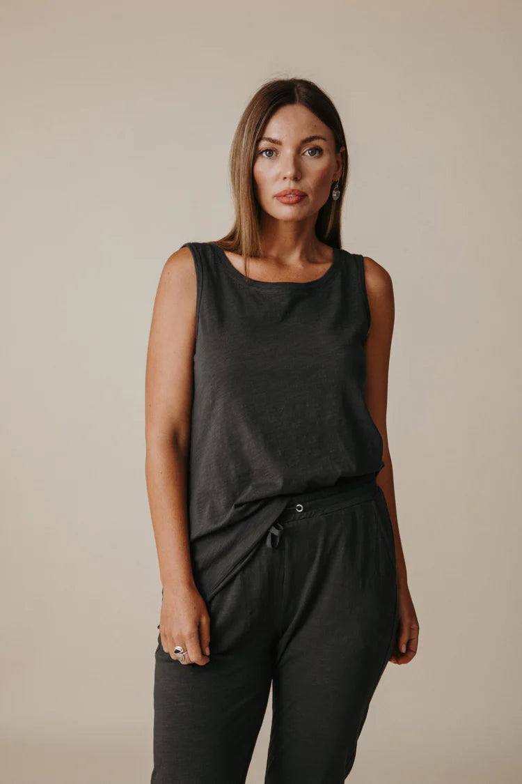 Shoreline Fine Slub Singlet - Black Sand