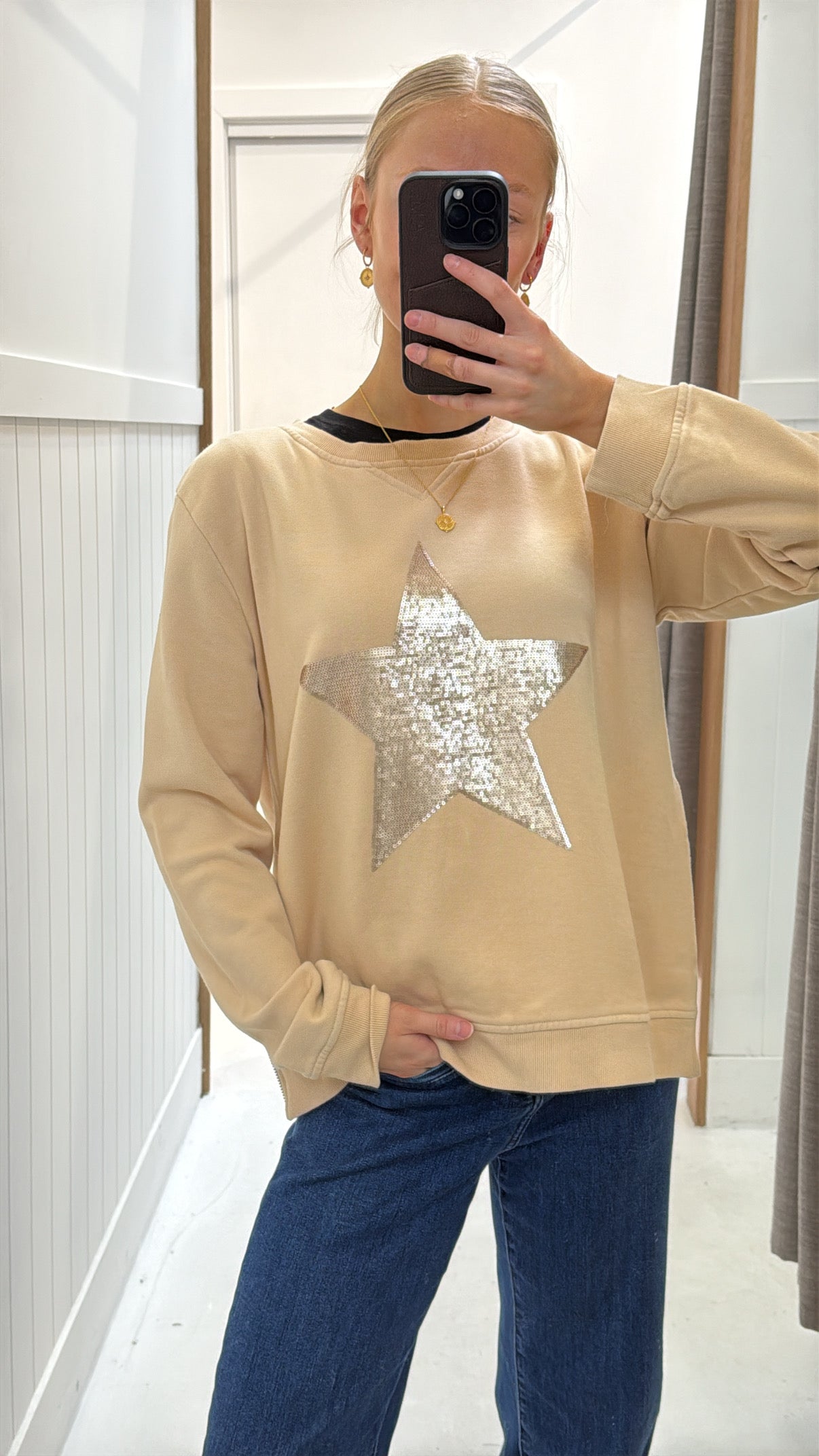 Sequin Star Sweatshirt - Beige
