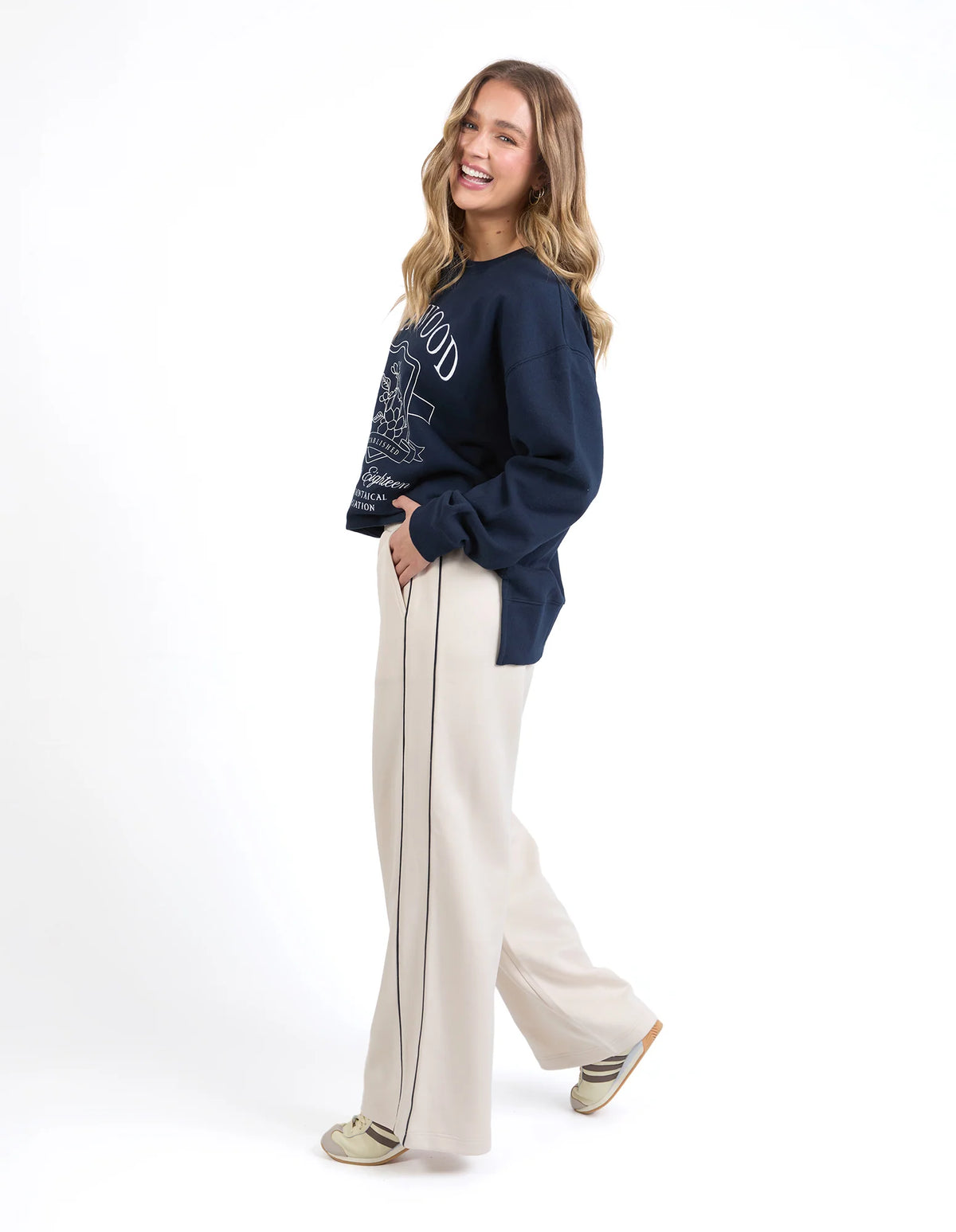 Bone Pants with Navy Stripe