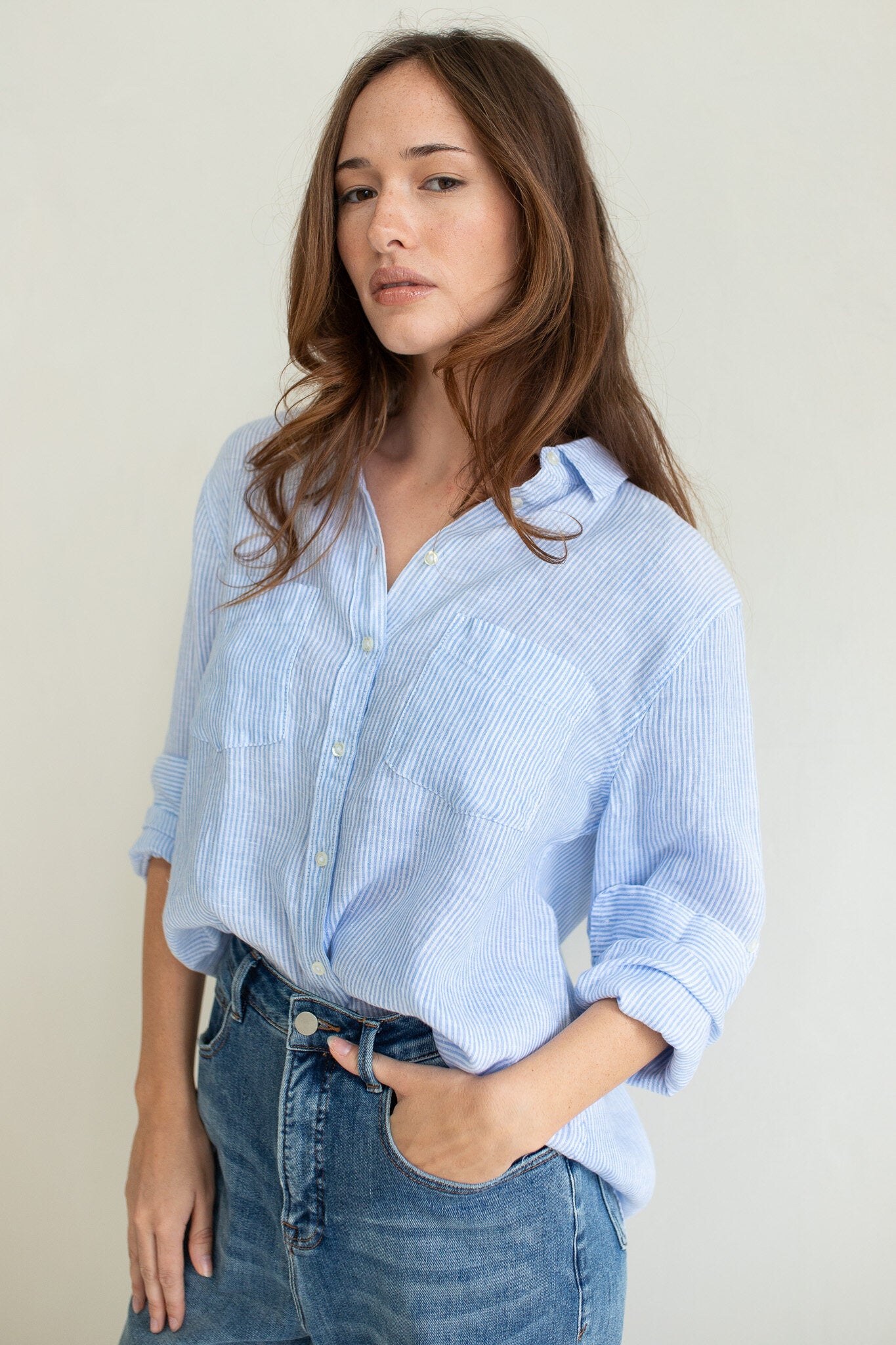 Boyfriend Linen Shirt - Baby Blue Stripe