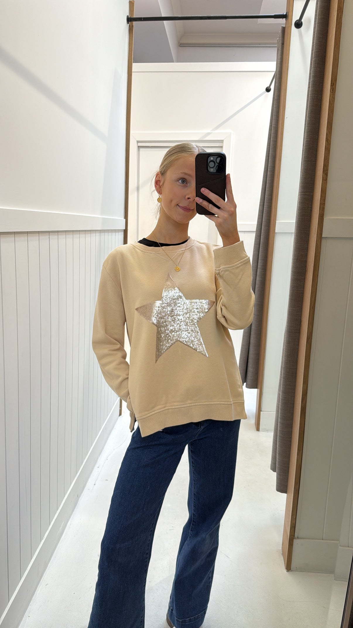 Sequin Star Sweatshirt - Beige