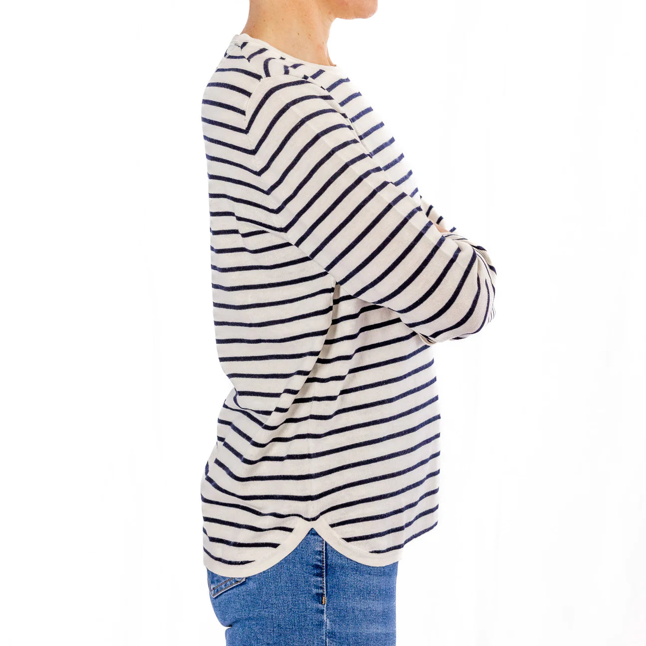 Cotton Cashmere Swing Crew Knit - White & Navy