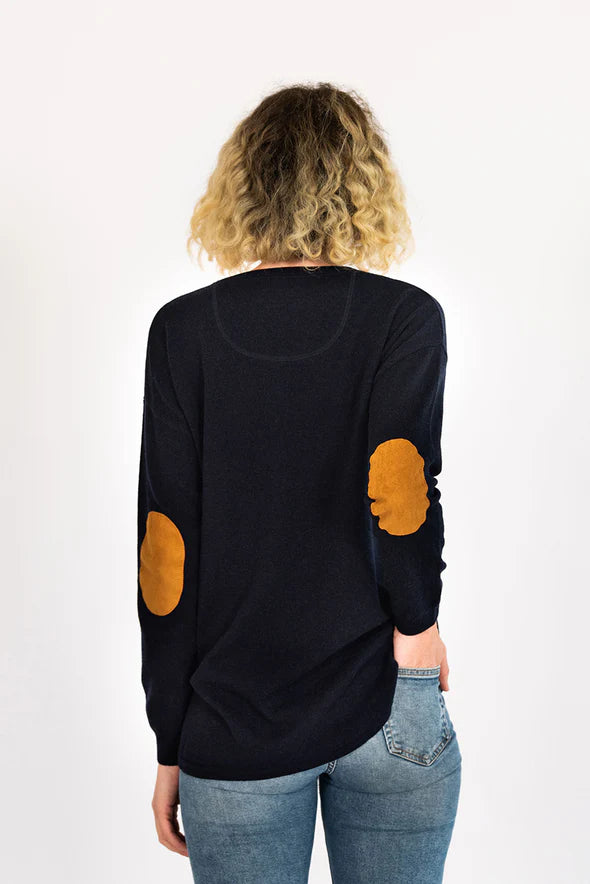 Swing Crew Knit w Tan patches - Navy