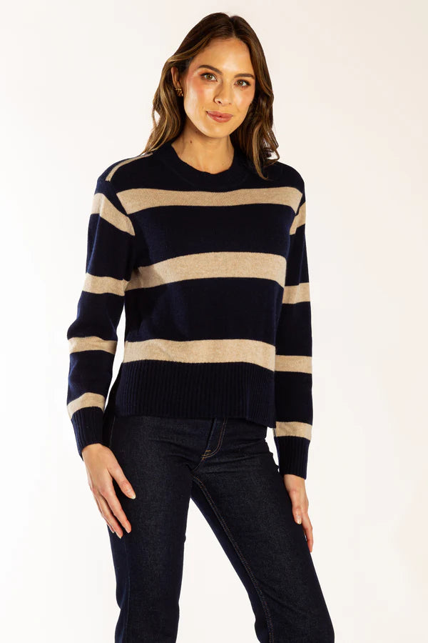 Stripe Boxy Crew Neck - Navy/Latte