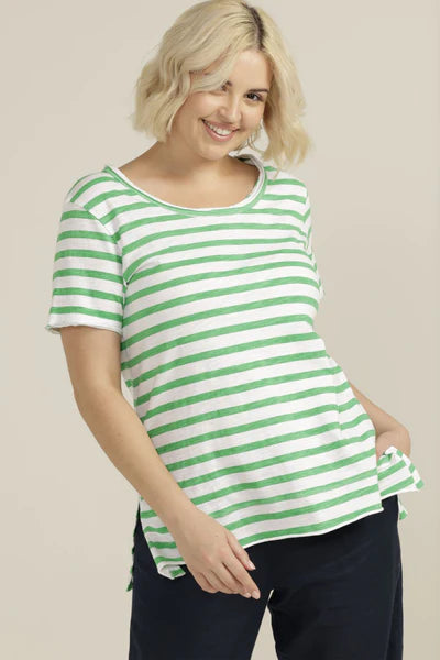 Cotton Stripe Crew Neck Tee - White/Green