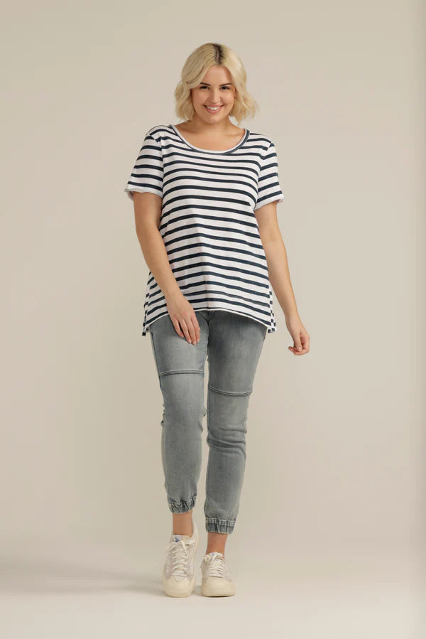 Cotton Stripe Crew Neck Tee - White/Navy