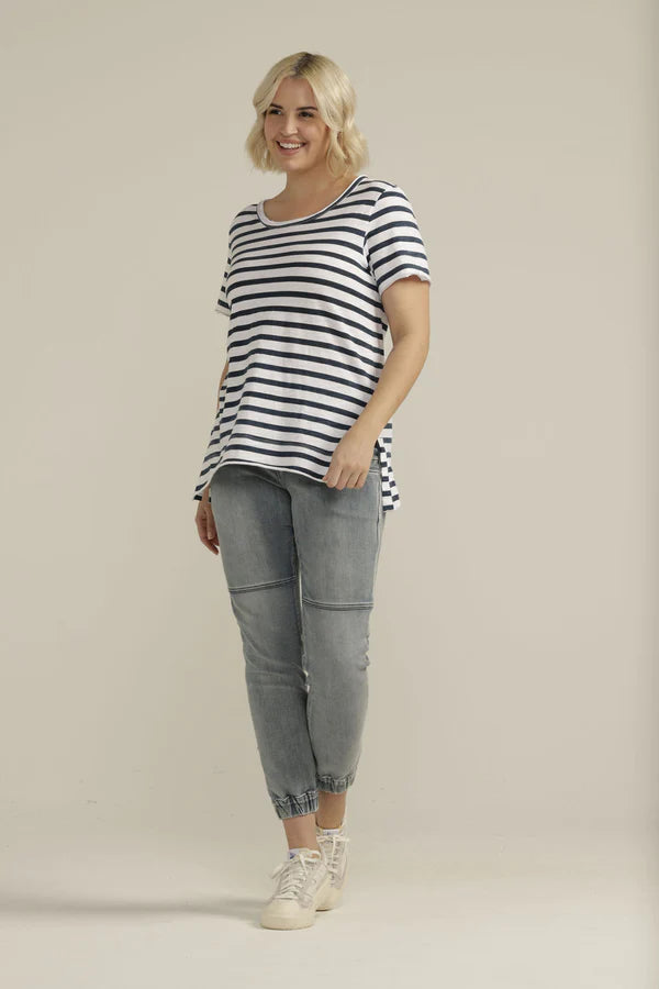 Cotton Stripe Crew Neck Tee - White/Navy