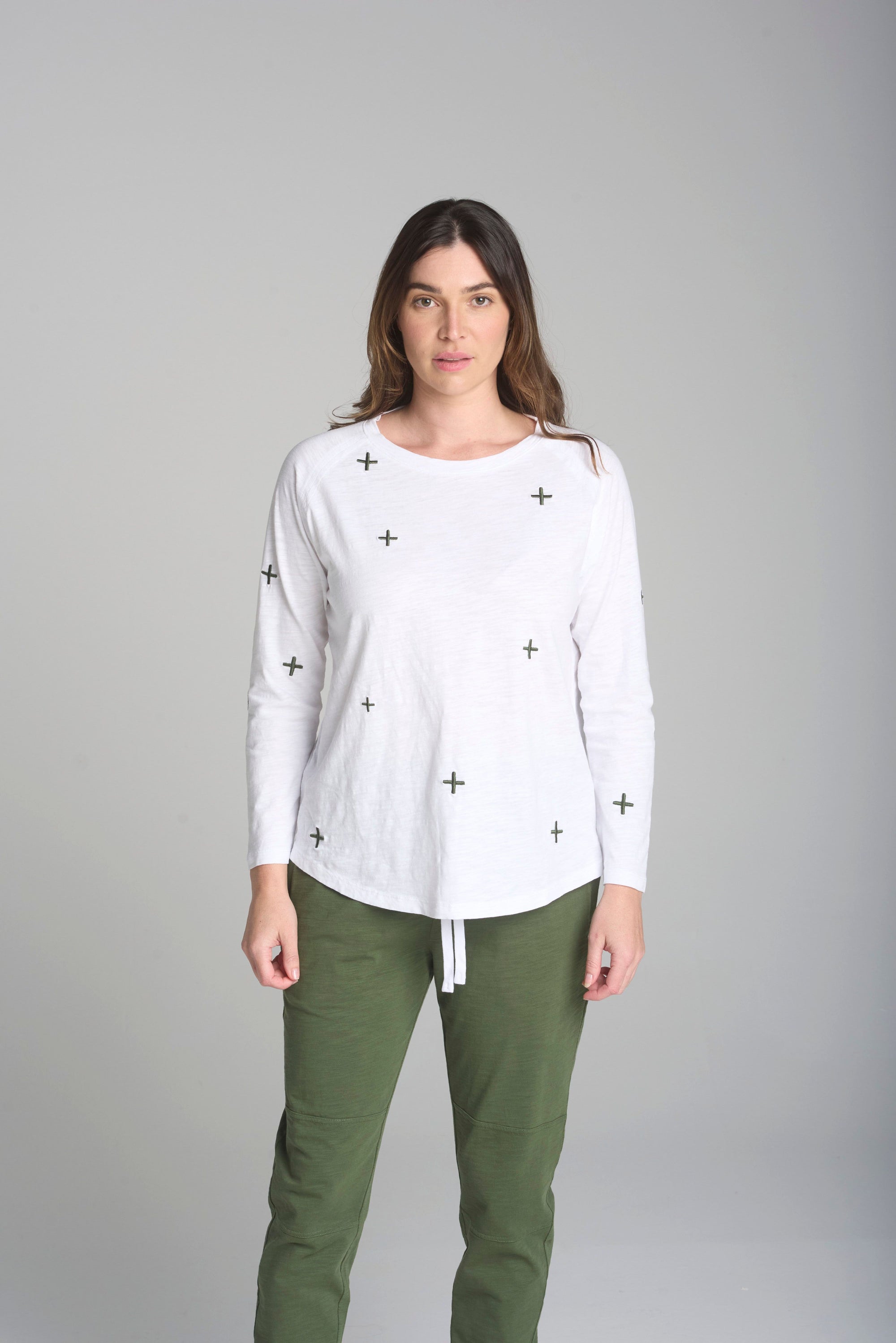 Cross Embroidered Long Sleeve Tee - Green/White