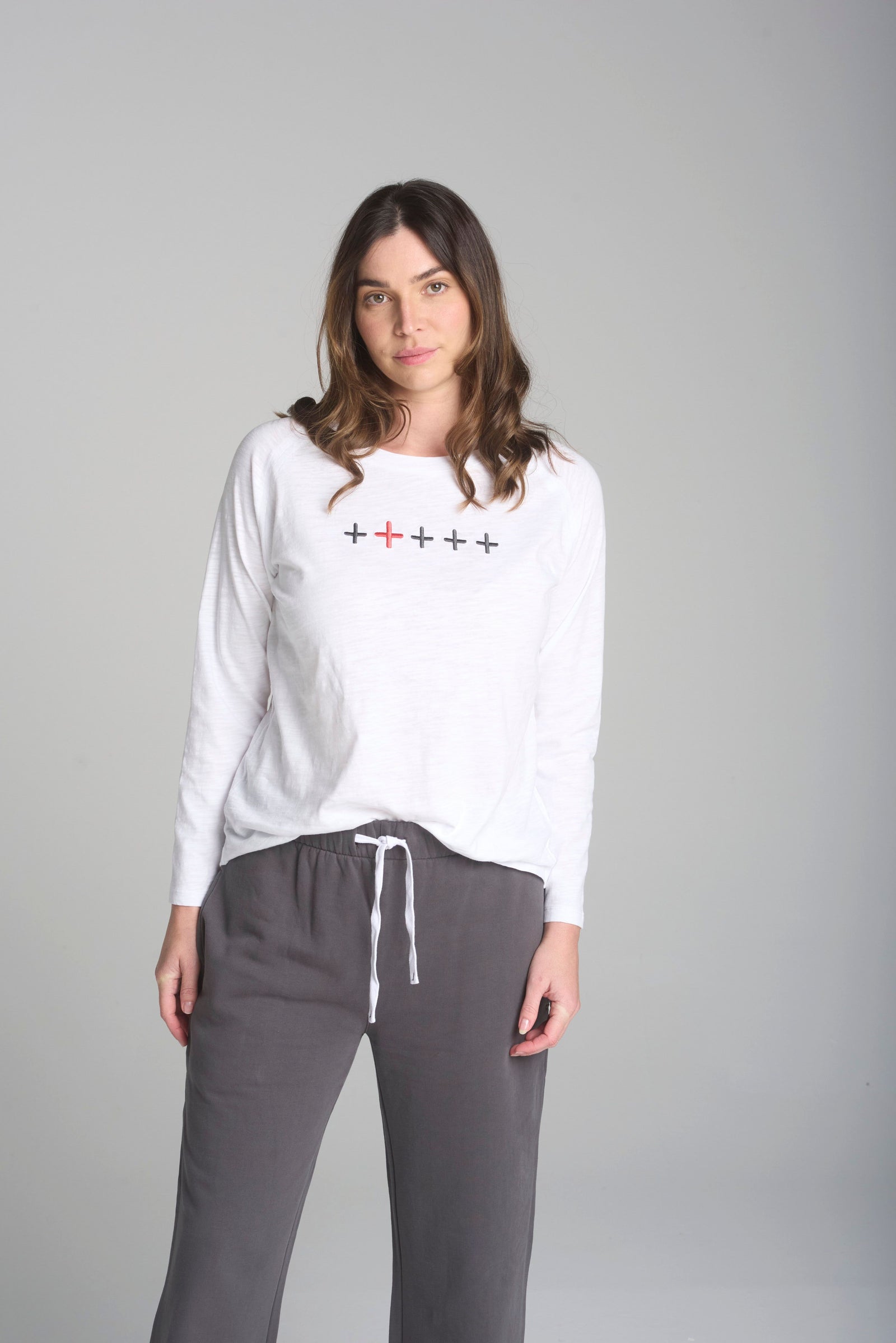 Cross Embroidered Long Sleeve Tee - Coral/Pavement