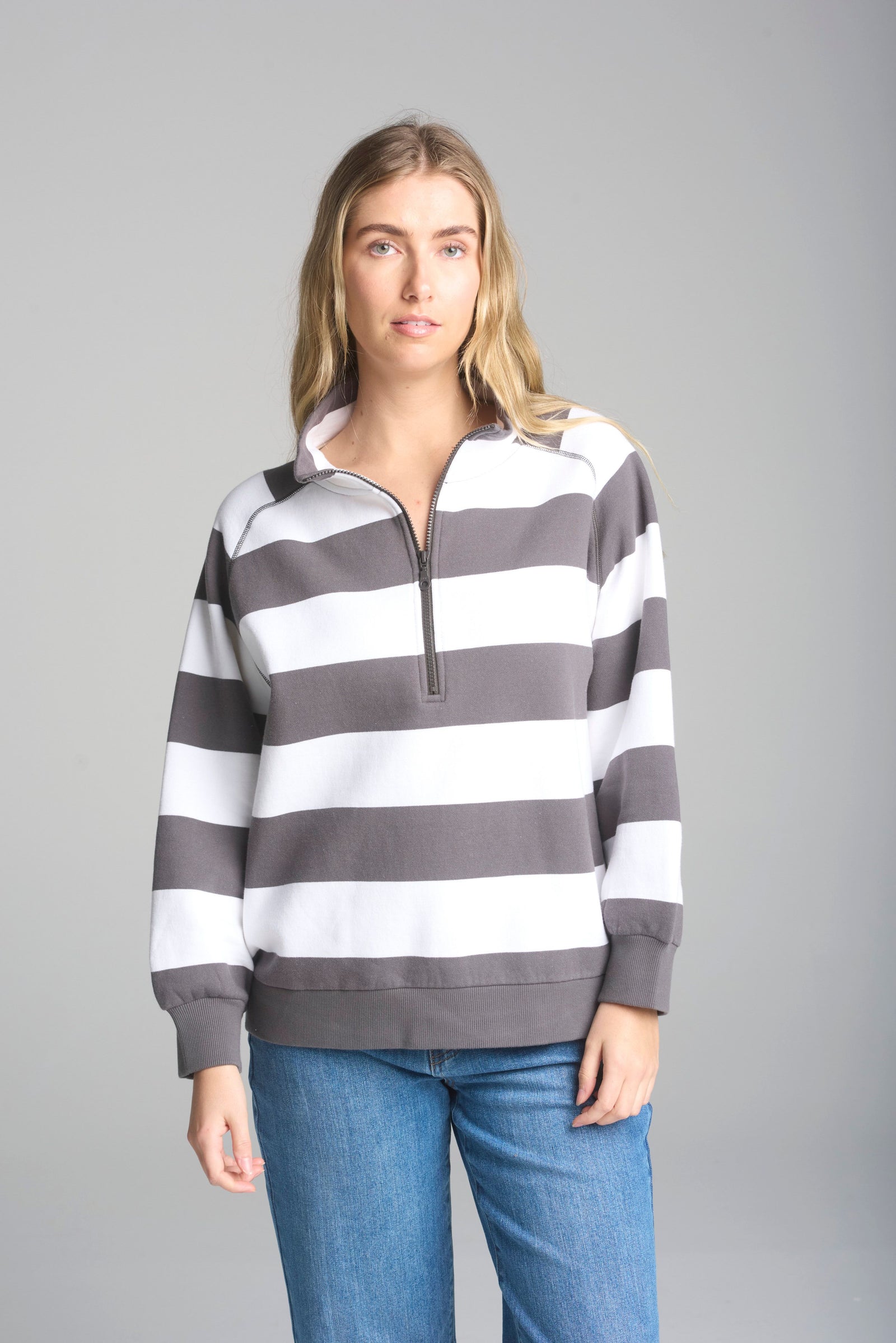 Stripe Relaxed Zip Sweater - White/Pavement