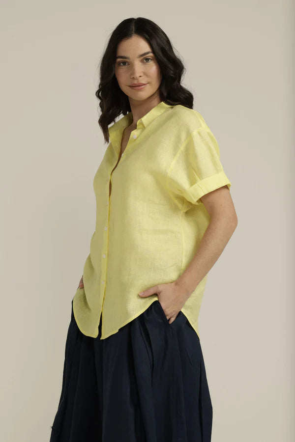 Linen Cuffed Short Sleeve Shirt - Lemon