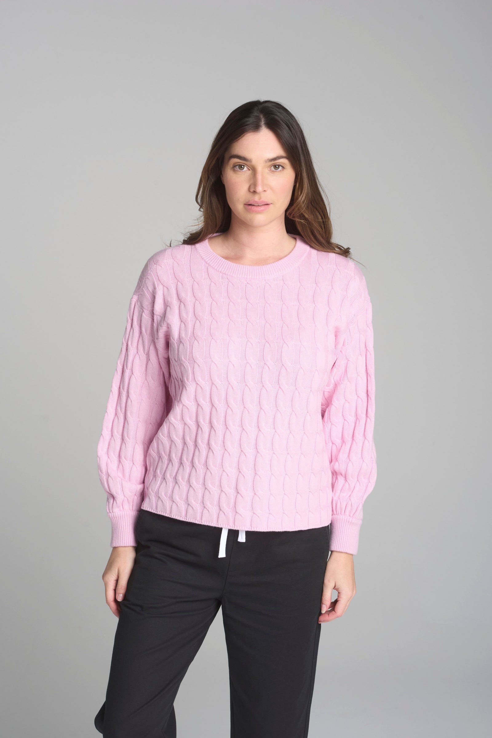 Crew Neck Cable Chunky Knit - Rose Petal