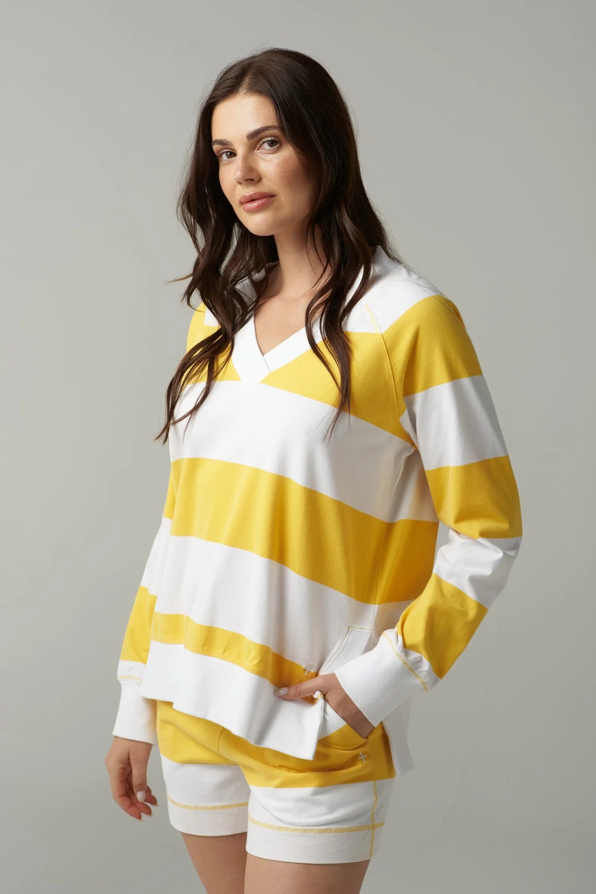 Rugby V Neck Sweater - White/Daffodil