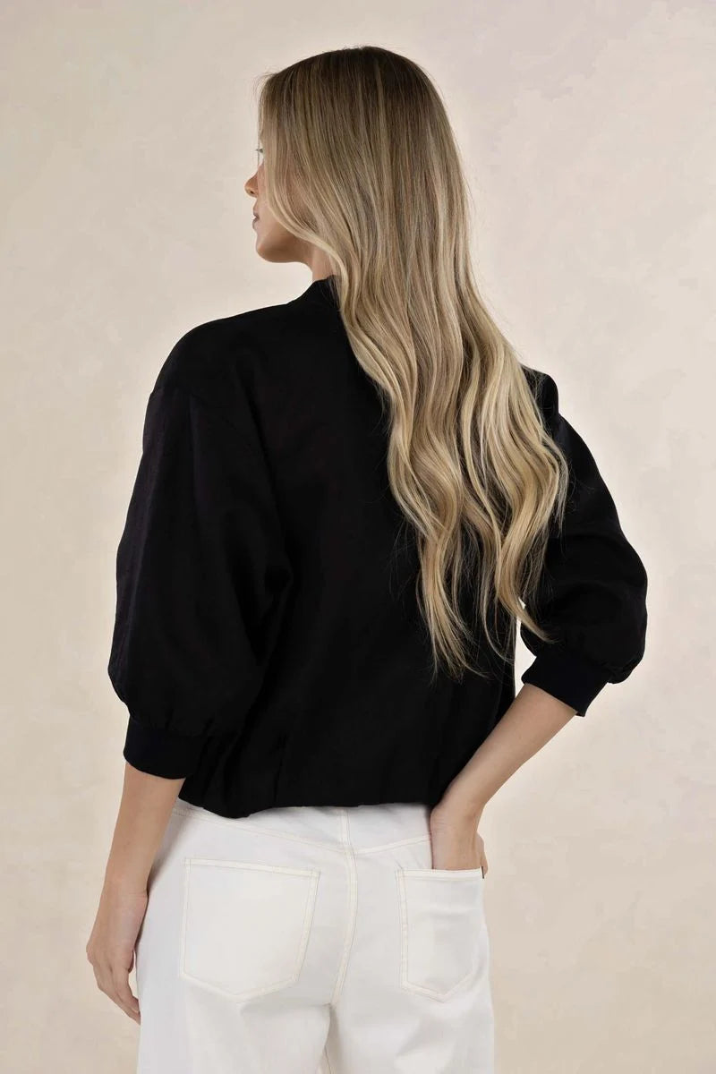 Black cropped linen bomber jacket