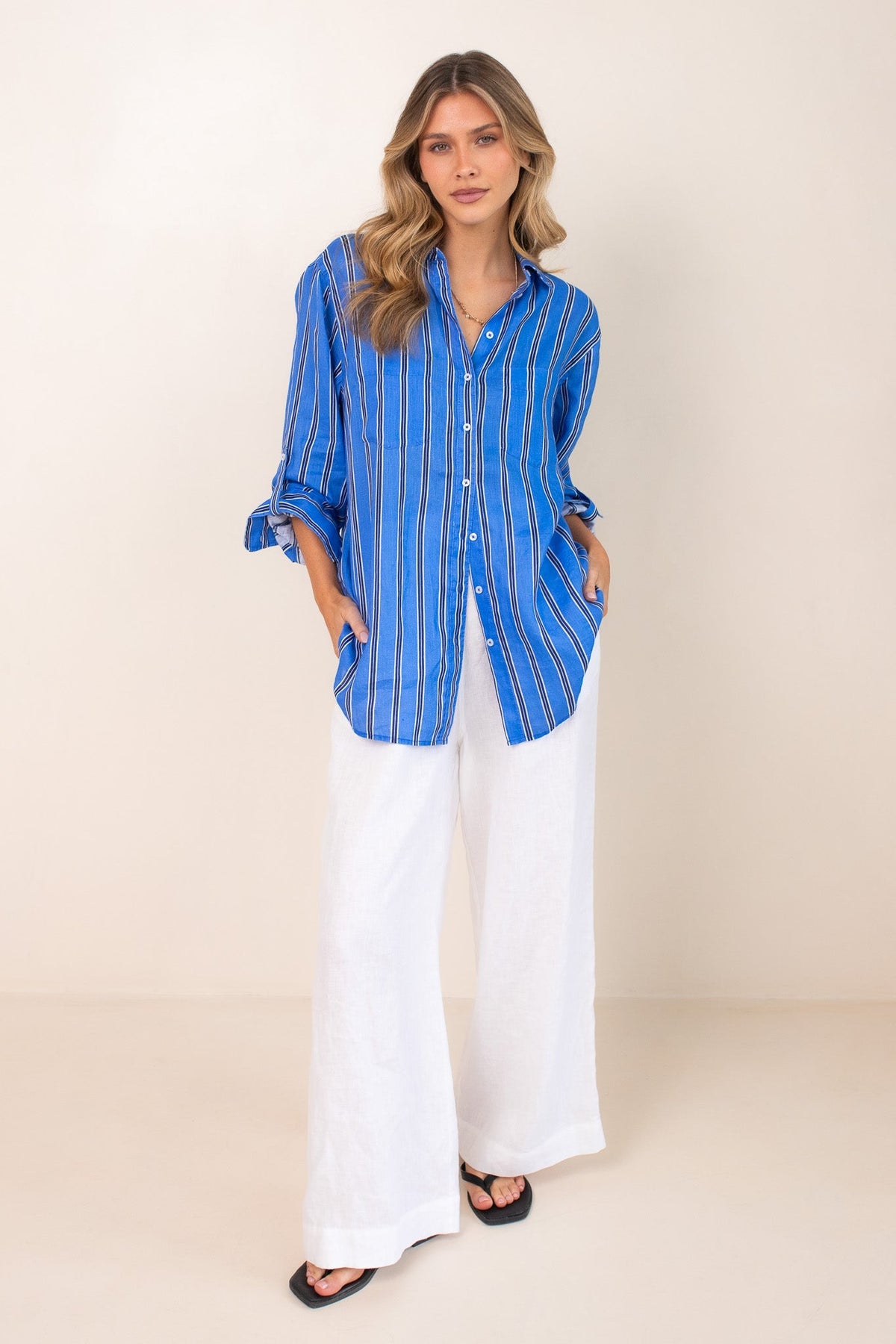 Boyfriend Linen Shirt - Cafe Bleu Stripe