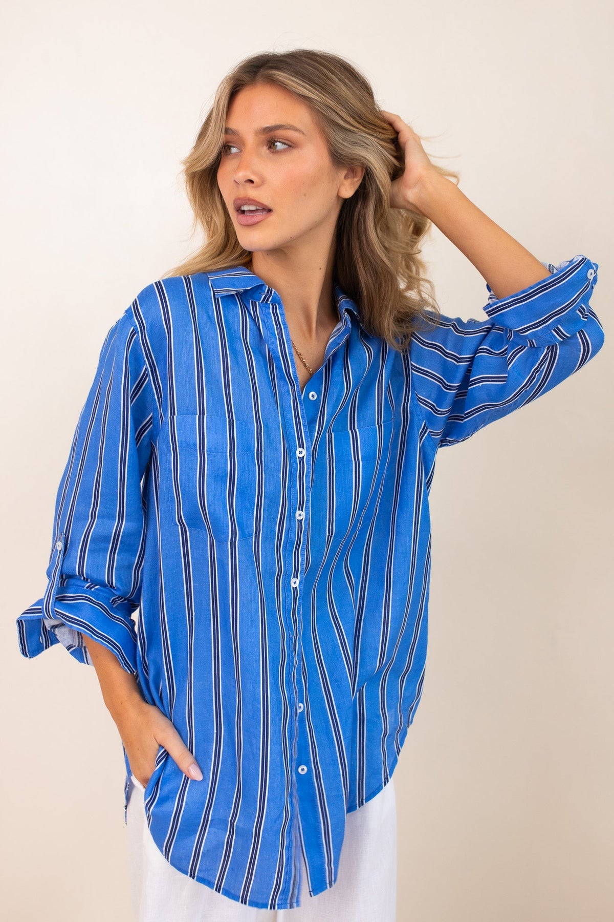 Boyfriend Linen Shirt - Cafe Bleu Stripe