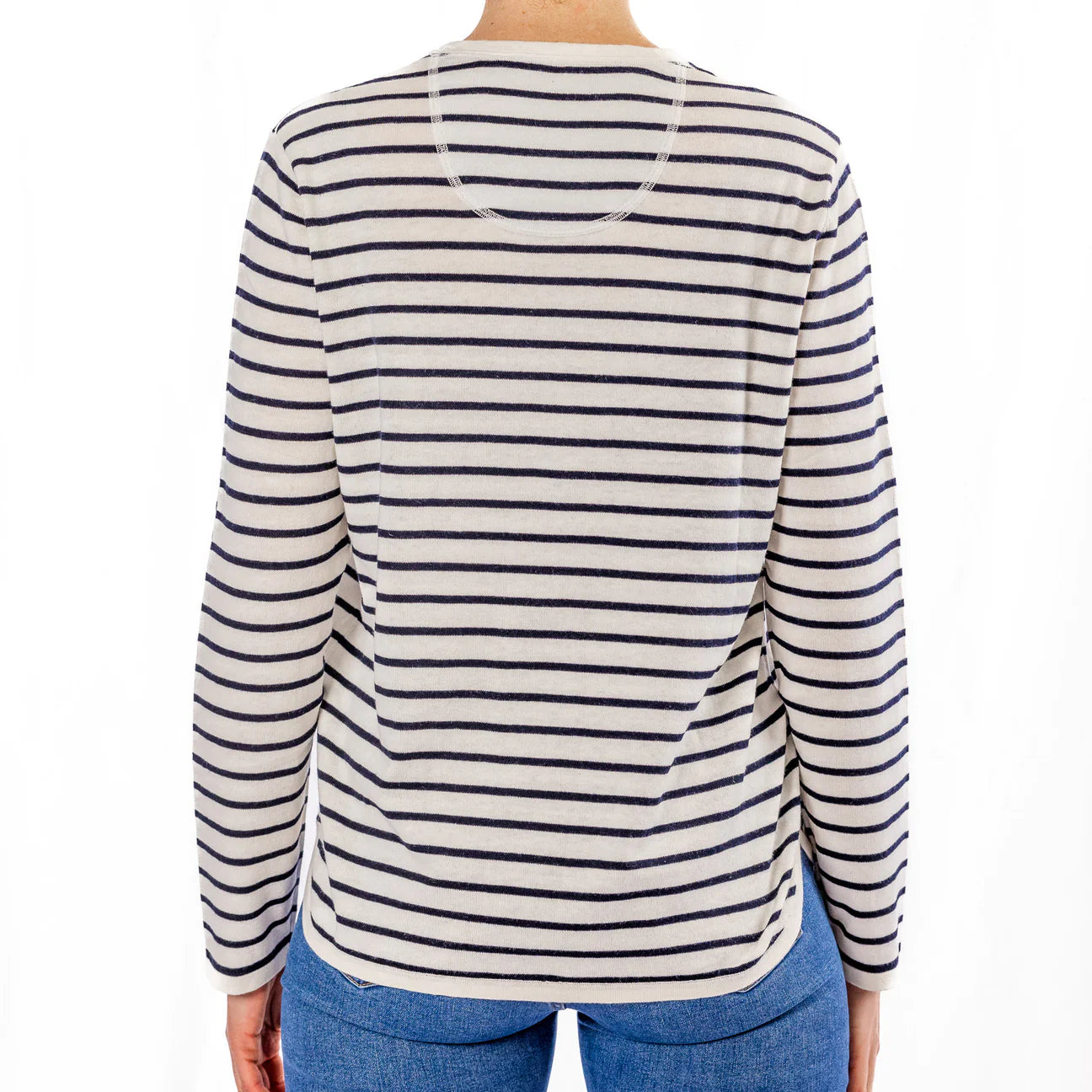 Cotton Cashmere Swing Crew Knit - White & Navy
