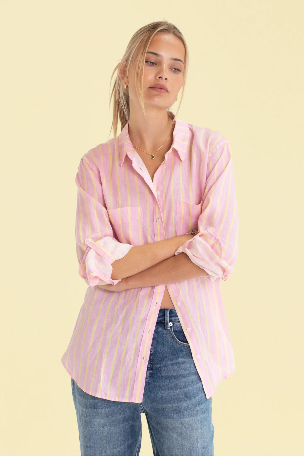 Boyfriend Linen Shirt - Lemon Drop Stripe