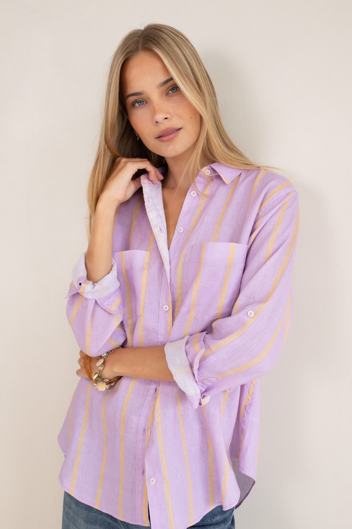 Boyfriend Linen Shirt - Mauve Over Beige