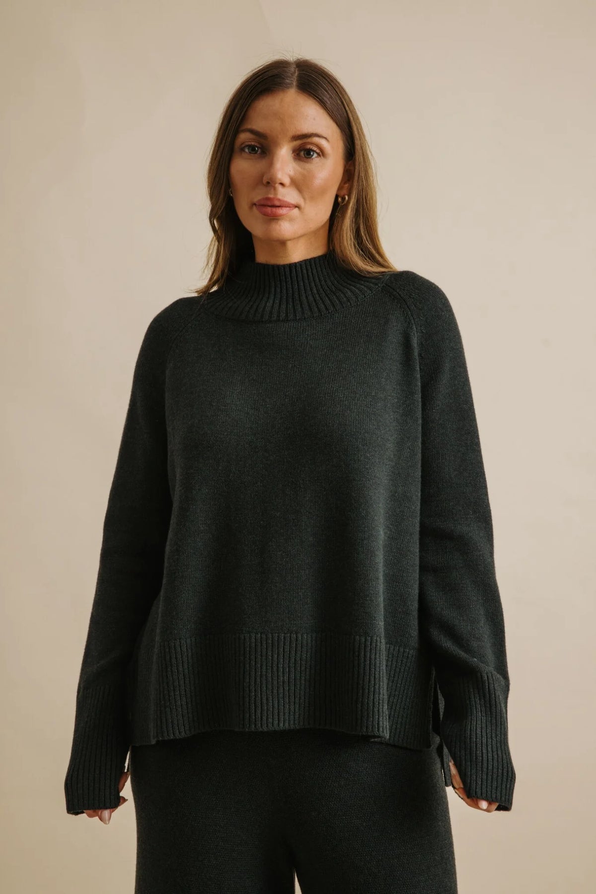 Harmony Merino Cotton Mock Neck Pullover - Pine