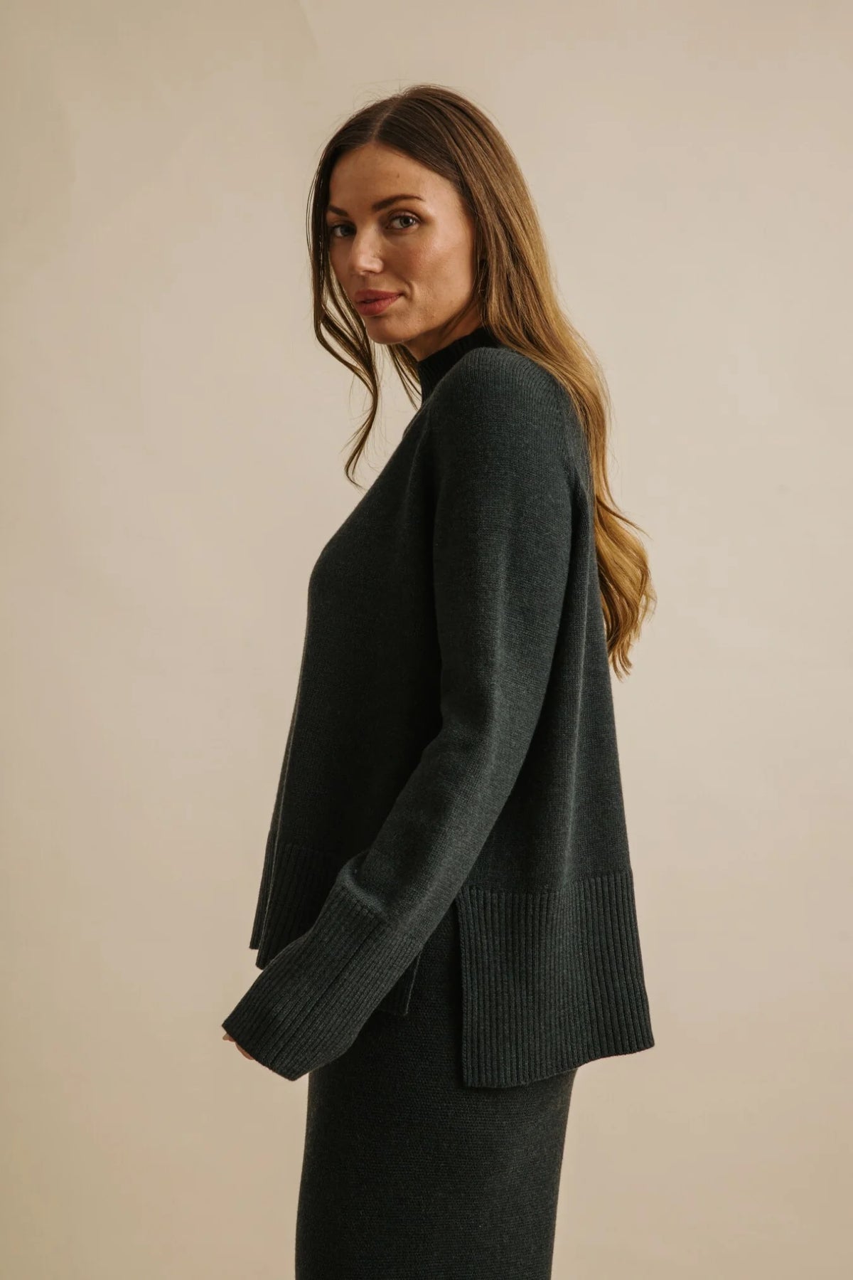 Harmony Merino Cotton Mock Neck Pullover - Pine