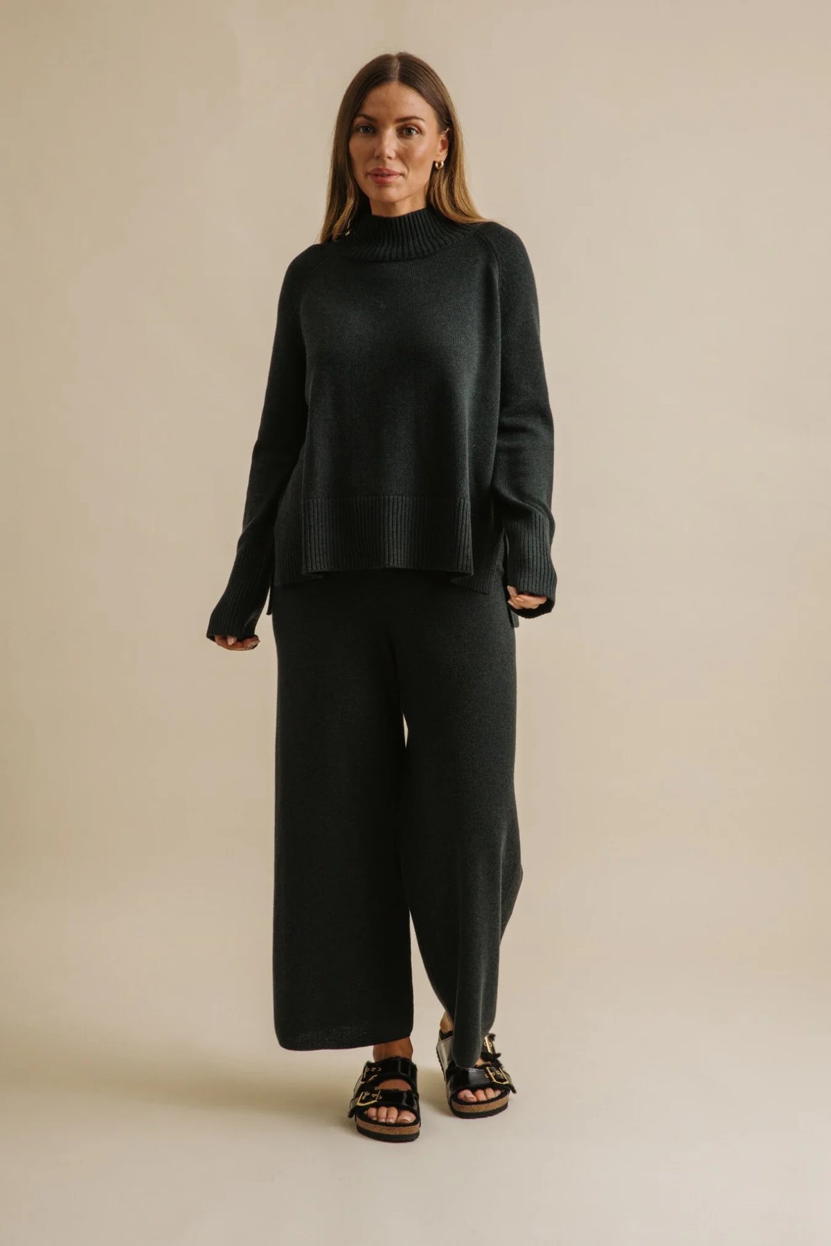Harmony Merino Cotton Mock Neck Pullover - Pine