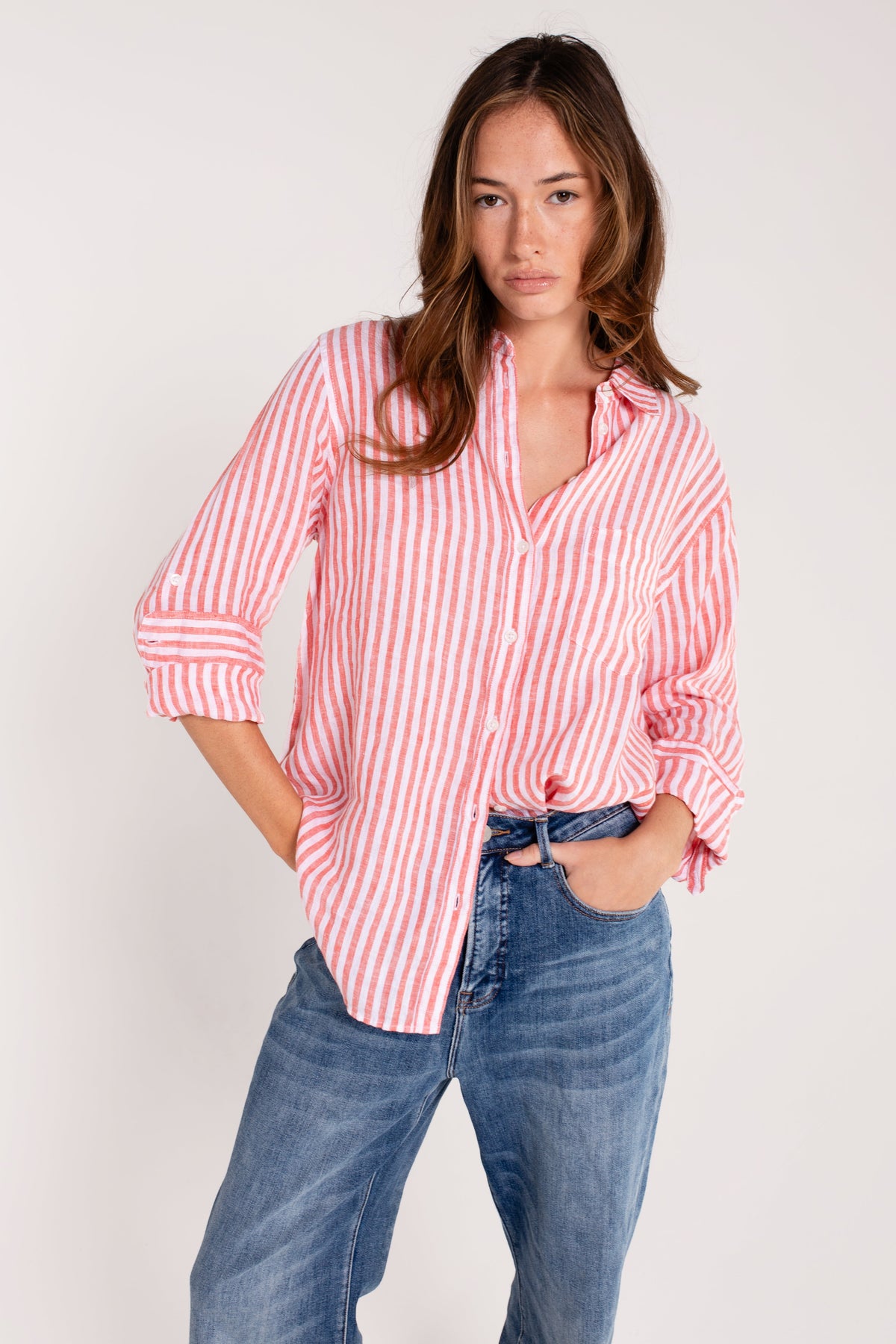 Boyfriend Linen Shirt - Red White Stripe