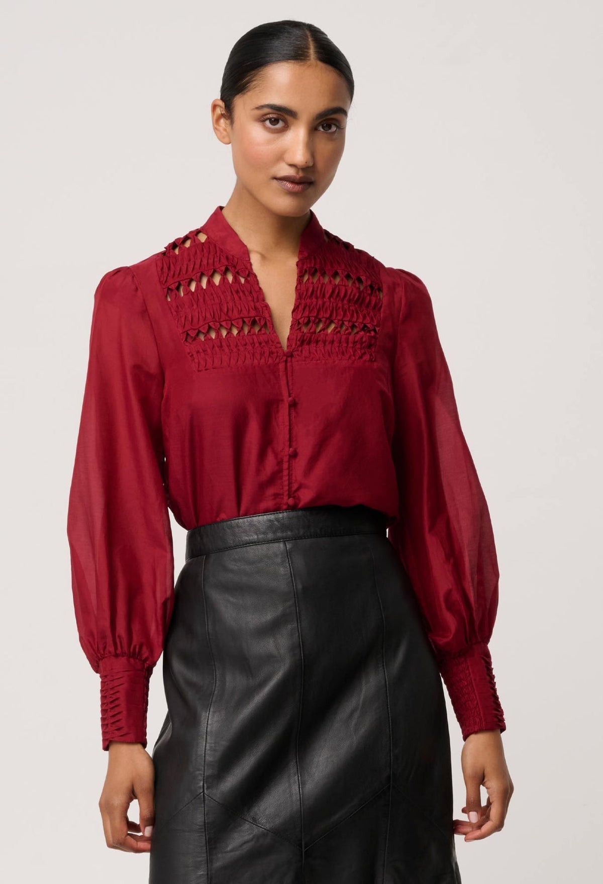Gillian Cotton Silk Smocked Shirt in Ruby