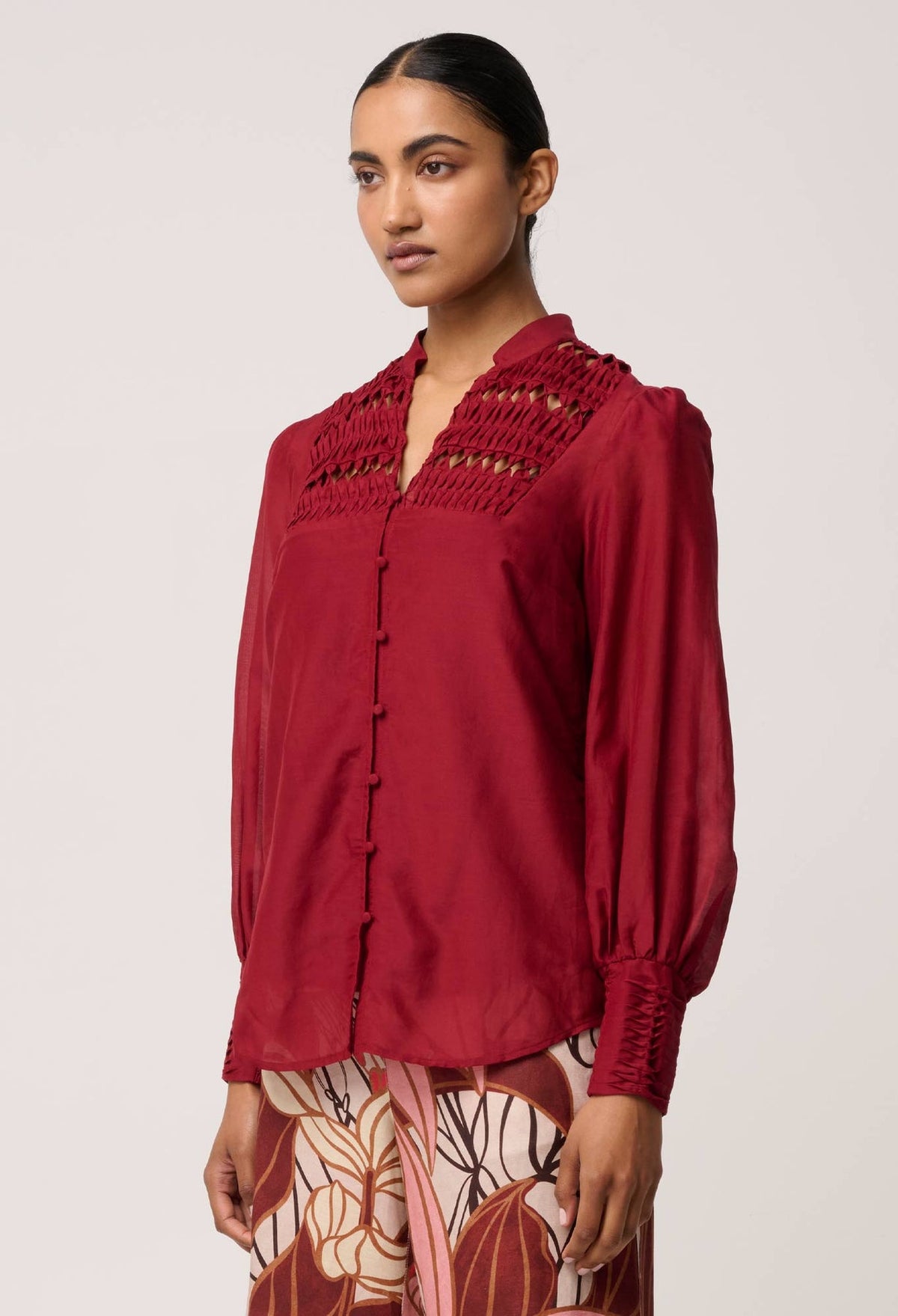 Gillian Smocked Shirt - Ruby